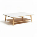 Wooden coffee table with white tabletop and lower storage shelf 90 x 60 x 40cm