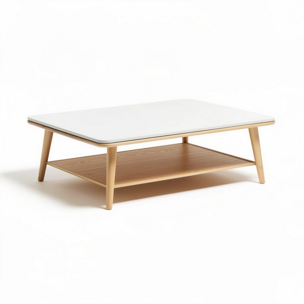 Wooden coffee table with white tabletop and lower storage shelf 90 x 60 x 40cm