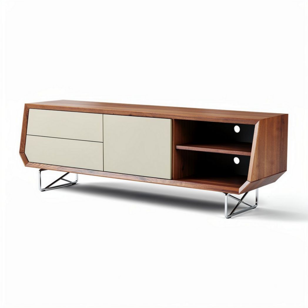 Mid-century modern wooden media console with metal legs 150 x 40 x 50cm