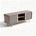 Modern wooden media console with sliding doors and metal accents 60 x 16 x 24 inches