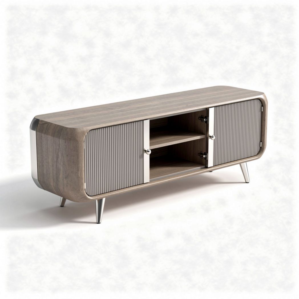 Modern wooden media console with sliding doors and metal accents 60 x 16 x 24 inches