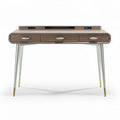 Wooden desk with metal legs and three drawers for home office use