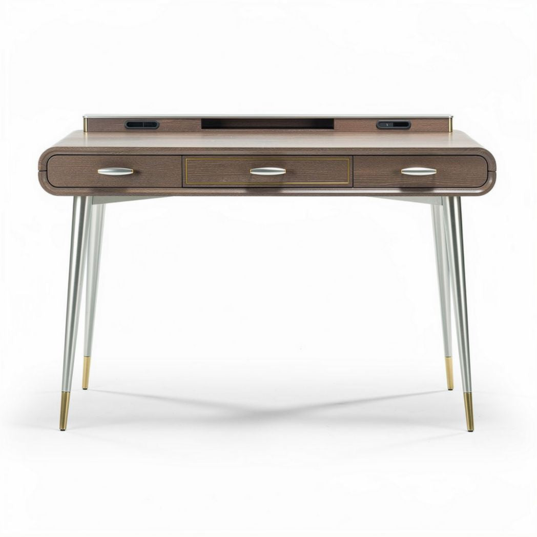 Wooden desk with metal legs and three drawers for home office use