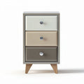 Three-drawer nightstand in gray beige and white with wooden legs 40 x 30 x 70cm