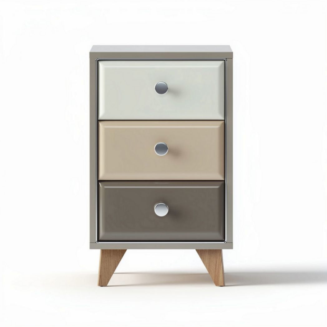 Three-drawer nightstand in gray beige and white with wooden legs 40 x 30 x 70cm