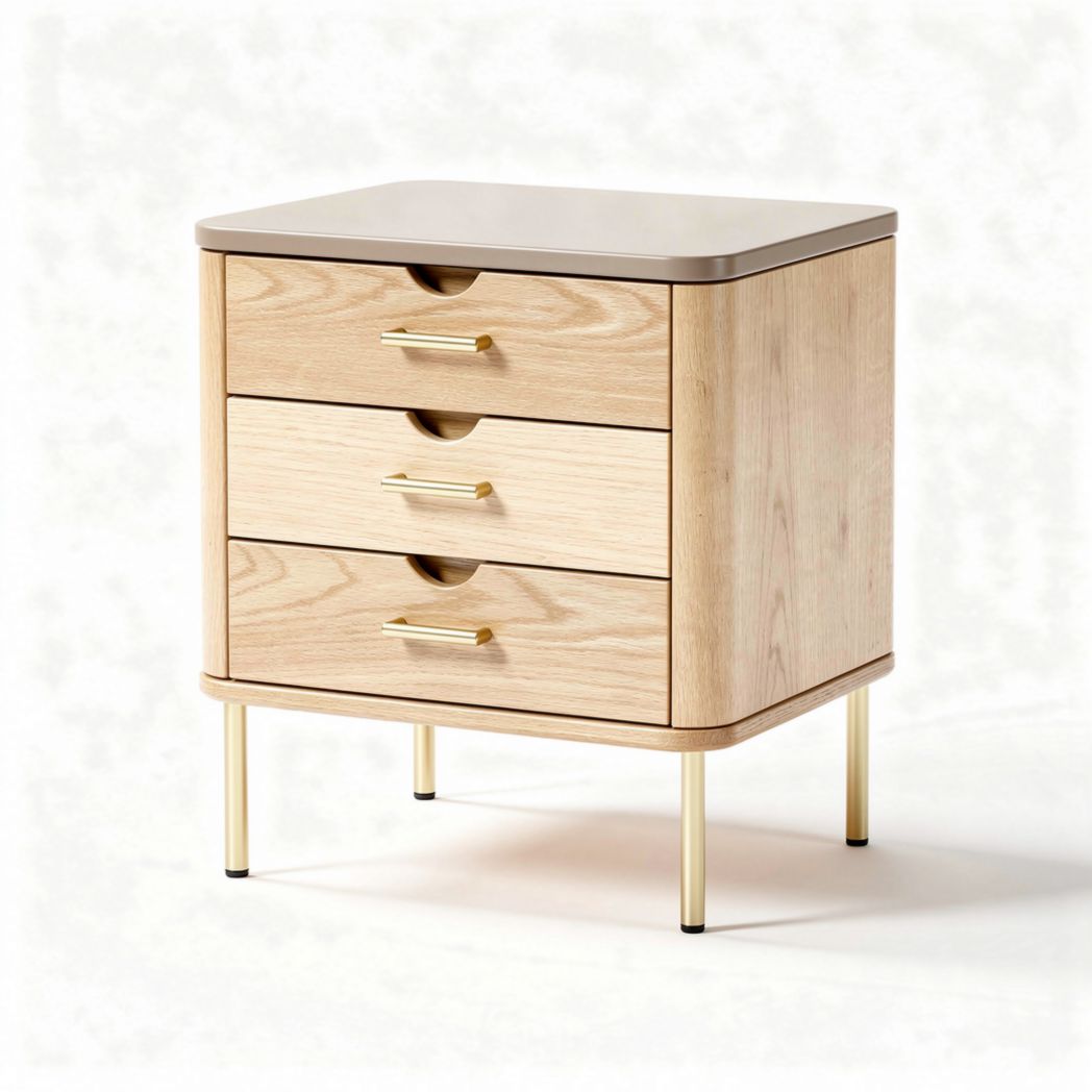 Wooden nightstand with three drawers and metal accents 40 x 40 x 60cm