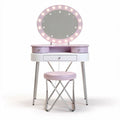 Vanity table set with round mirror and lighted frame in pink and white, 80 x 40 x 140cm