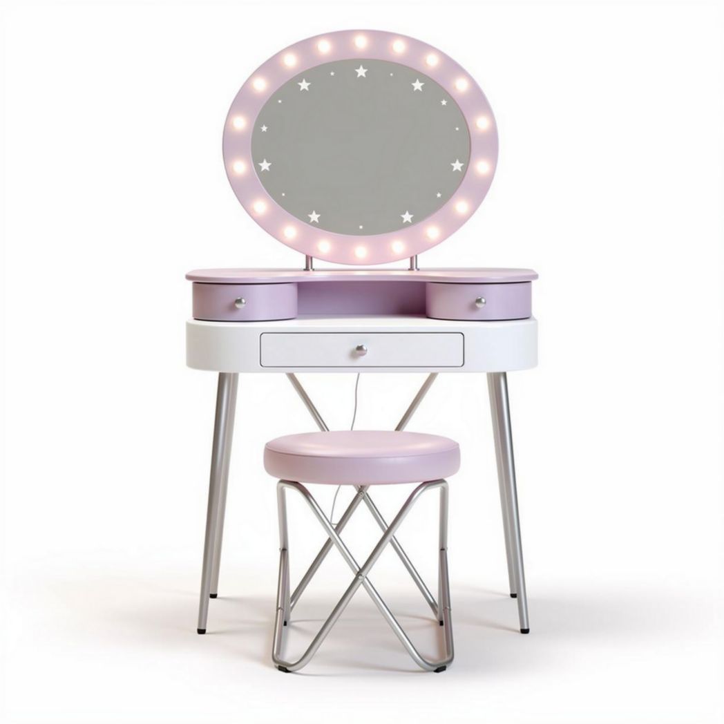 Vanity table set with round mirror and lighted frame in pink and white, 80 x 40 x 140cm