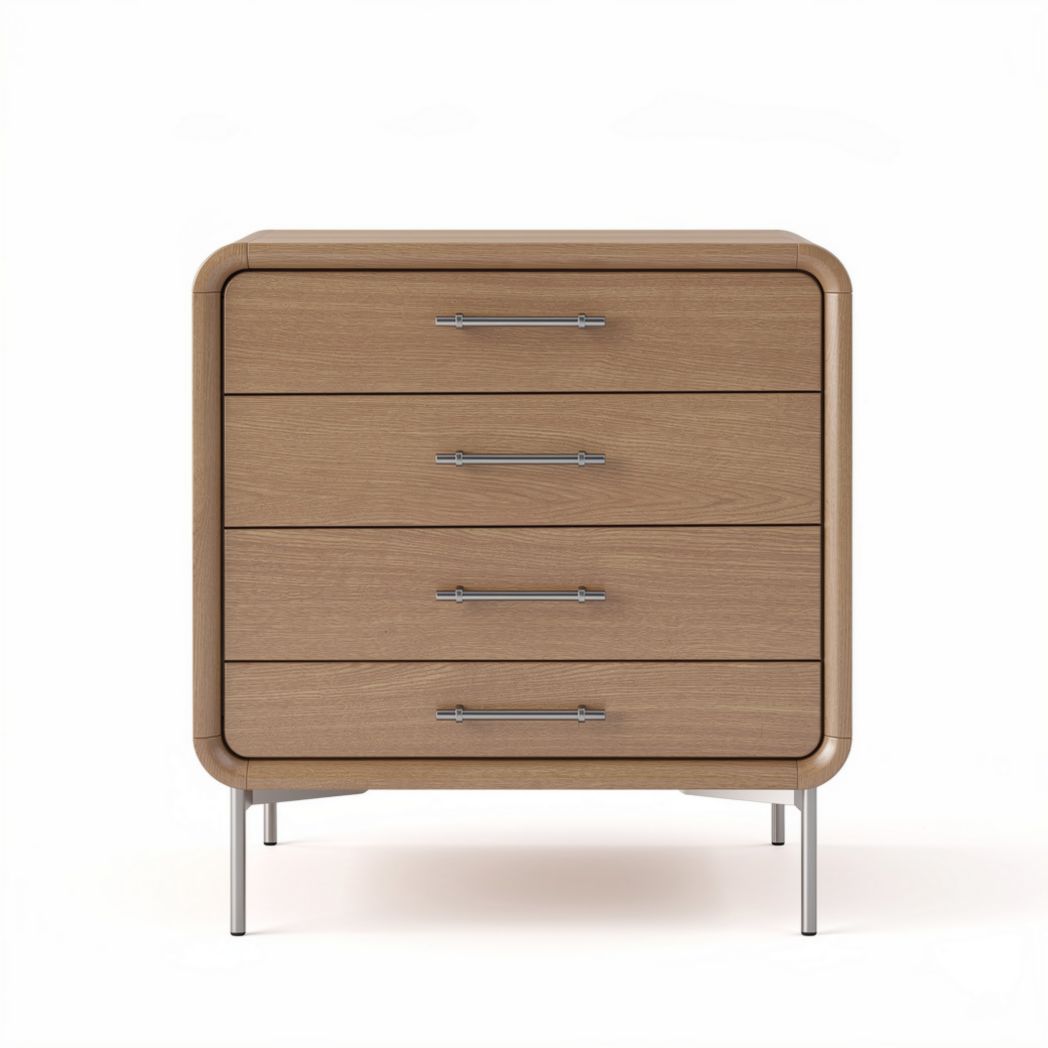 Wooden nightstand with four drawers in oak finish and metal legs 60 x 40 x 50cm