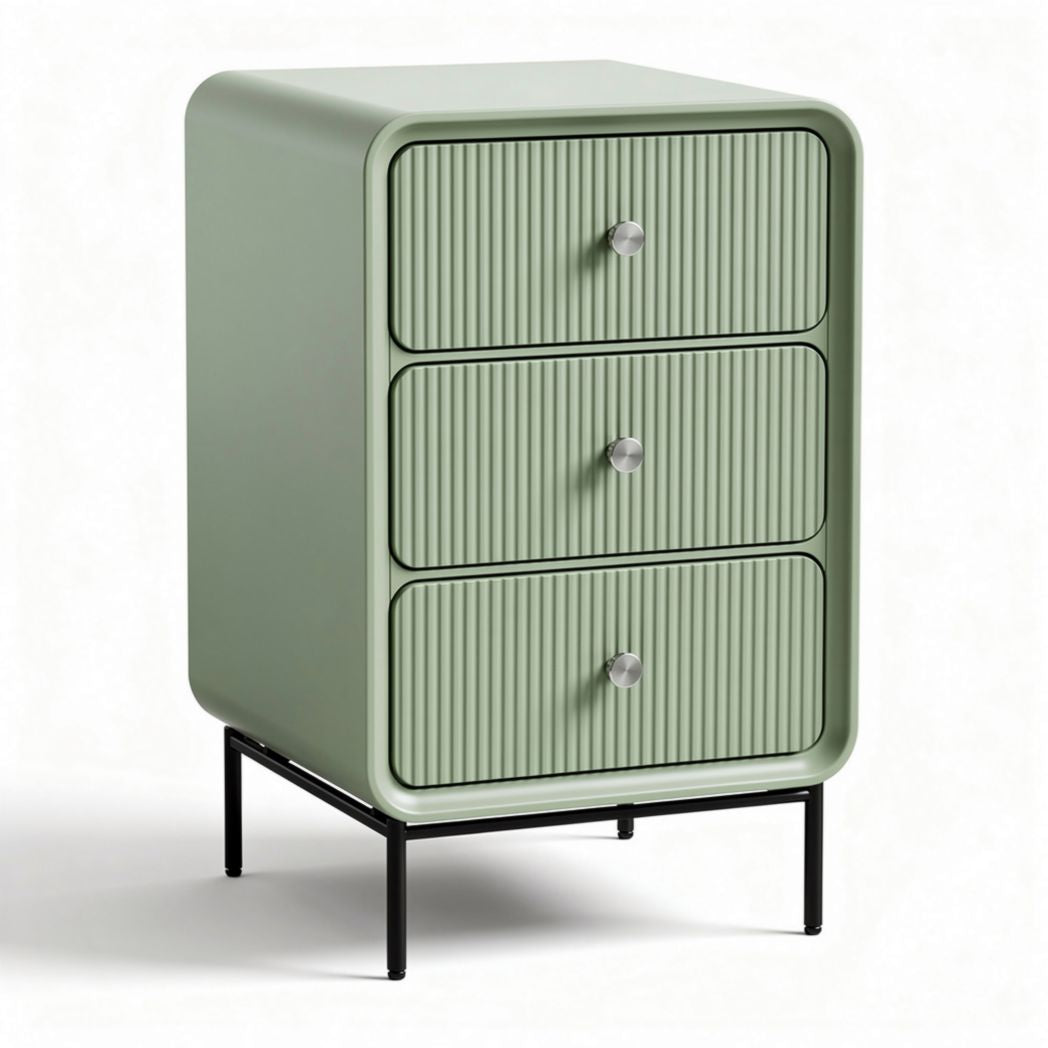 Green ribbed nightstand with three drawers and metal legs 45 x 40 x 70cm