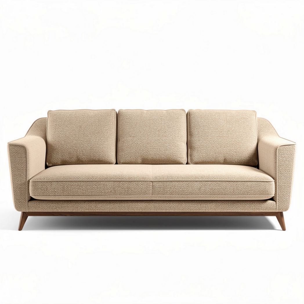 Beige fabric three-seater sofa with wooden legs 210 x 90 x 85cm